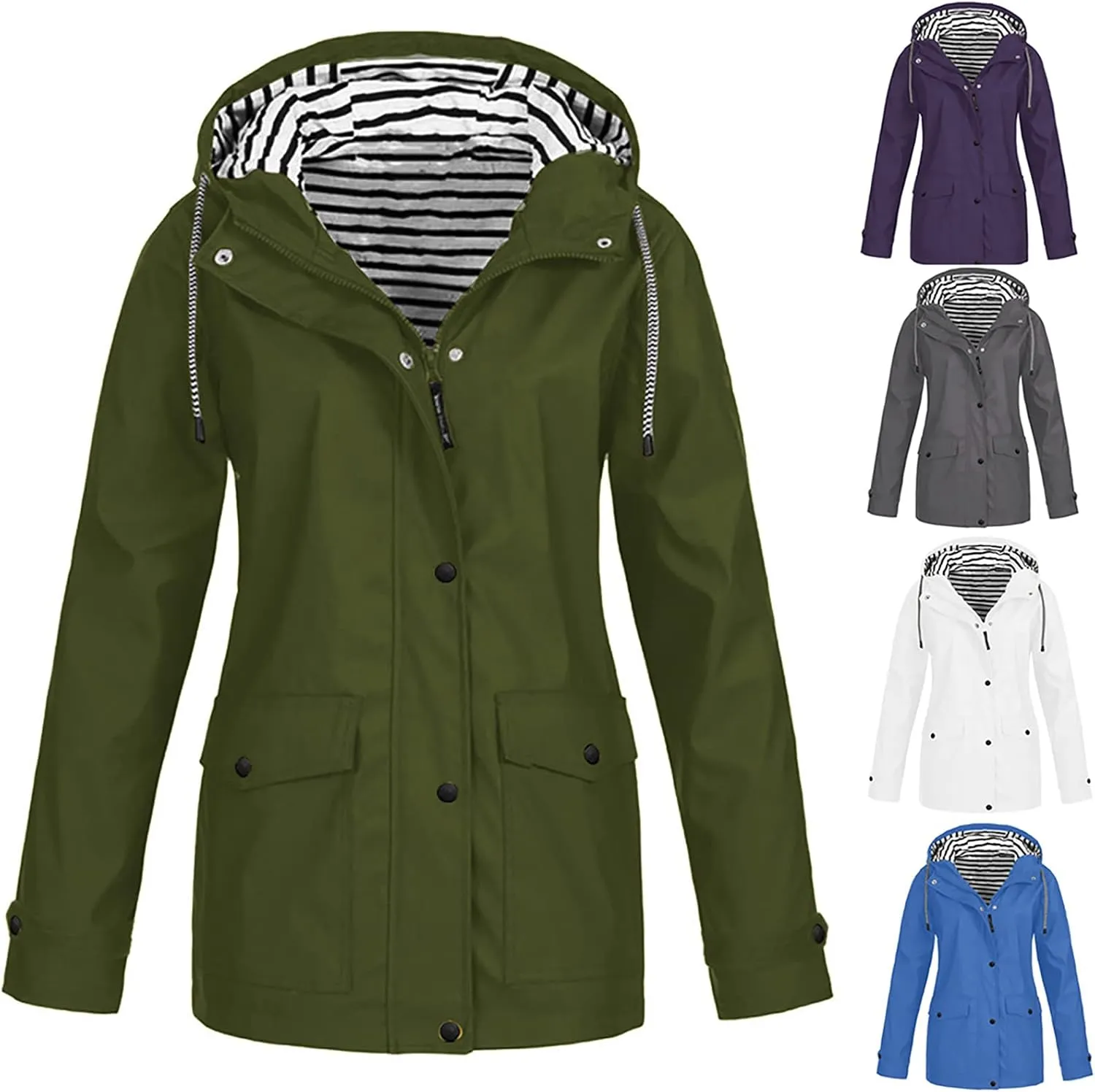 2025 Spring Fashion Womens Raincoat Fit Waterproof Dressy Zip up Rain Jacket Windbreaker with Pockets Hood