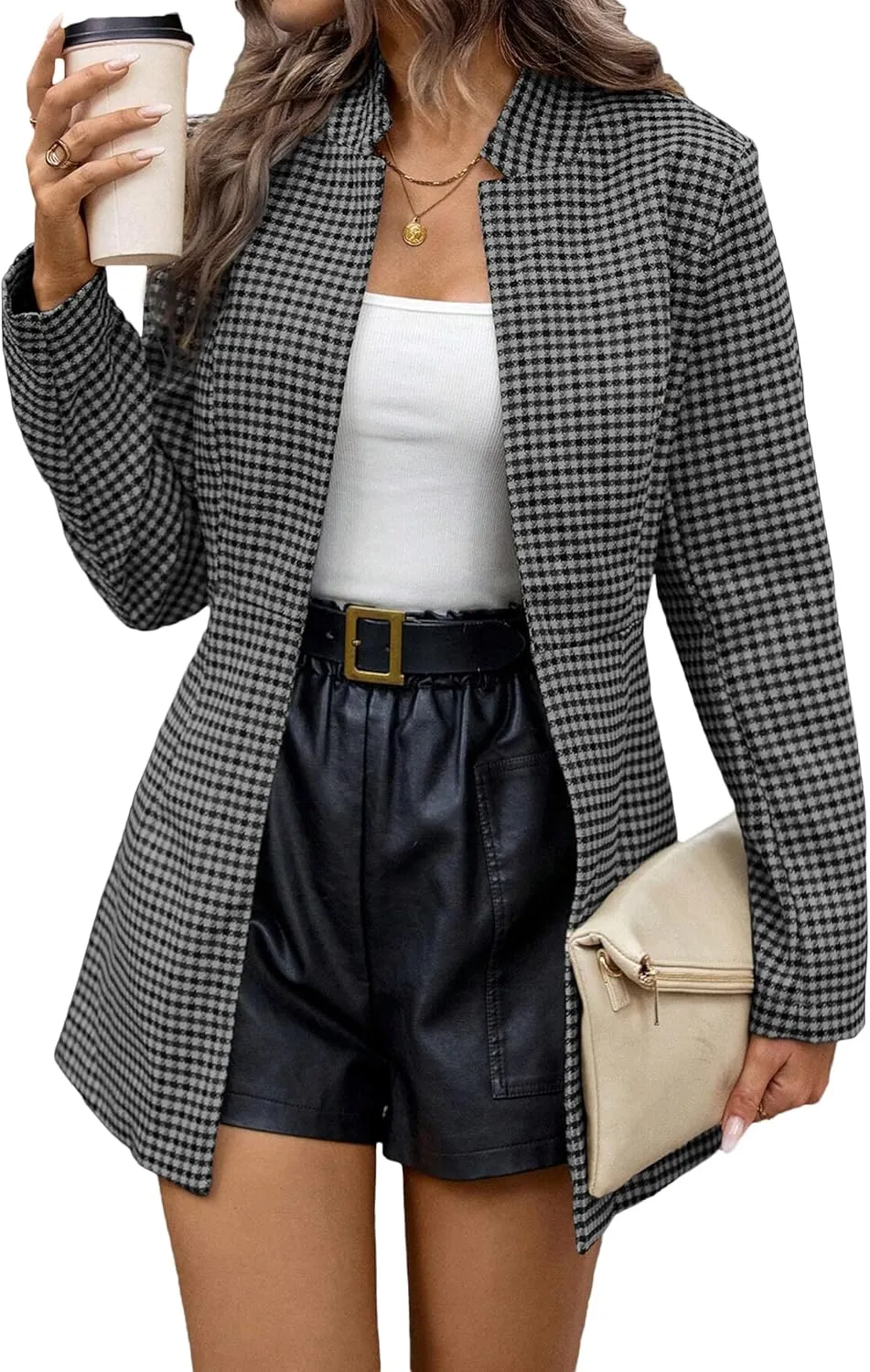 2025 Women’s Spring Long Plaid Blazer Jacket Houndstooth Notch-Collar Open Front Fashion Casual Suit with Pockets