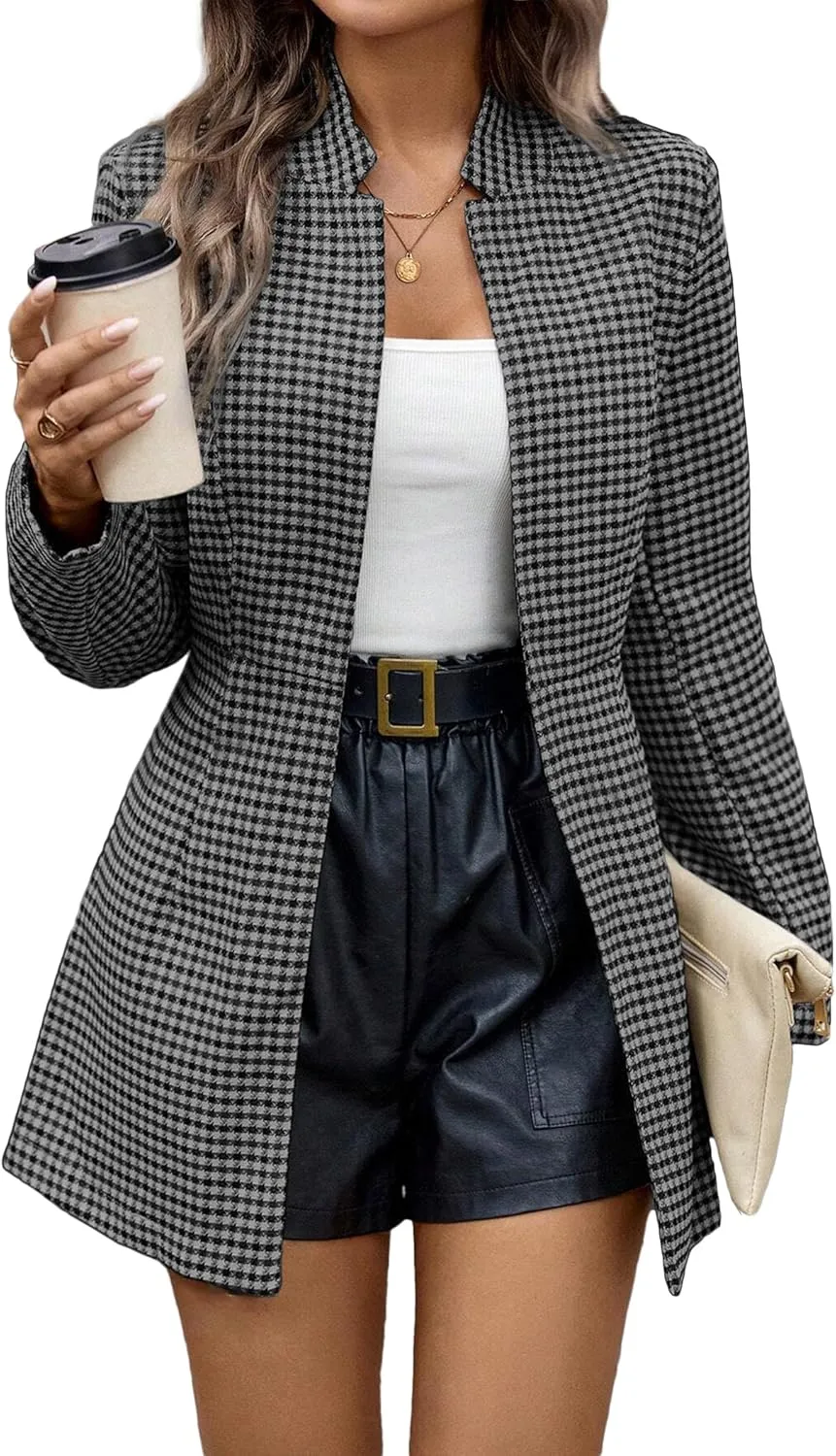 2025 Women’s Spring Long Plaid Blazer Jacket Houndstooth Notch-Collar Open Front Fashion Casual Suit with Pockets