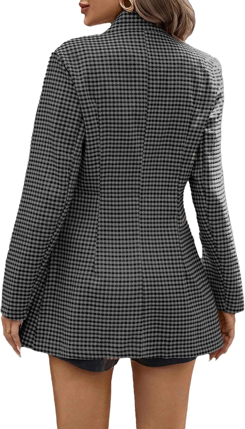 2025 Women’s Spring Long Plaid Blazer Jacket Houndstooth Notch-Collar Open Front Fashion Casual Suit with Pockets
