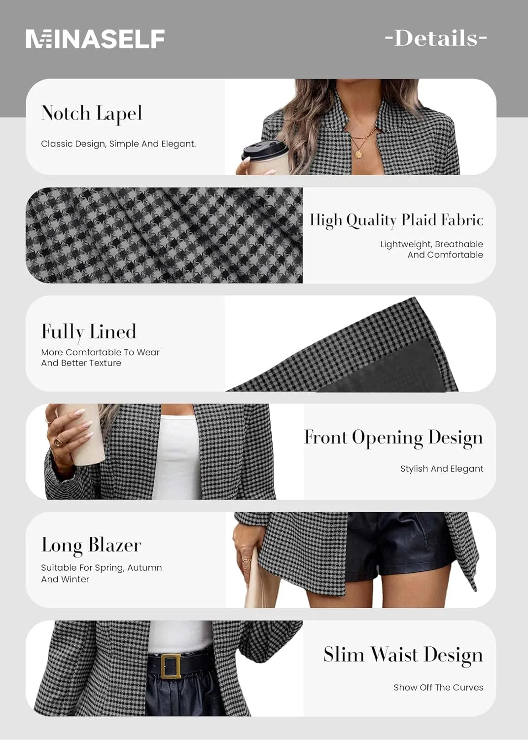 2025 Women’s Spring Long Plaid Blazer Jacket Houndstooth Notch-Collar Open Front Fashion Casual Suit with Pockets