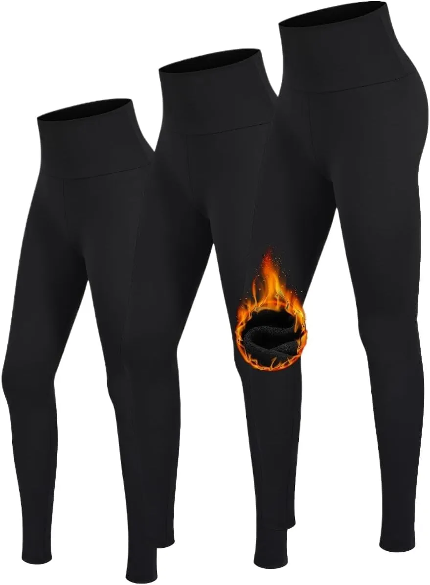 3 Pack Fleece Lined Leggings Women -Warm Winter Yoga Pants for Women Thermal Running Workout Leggings