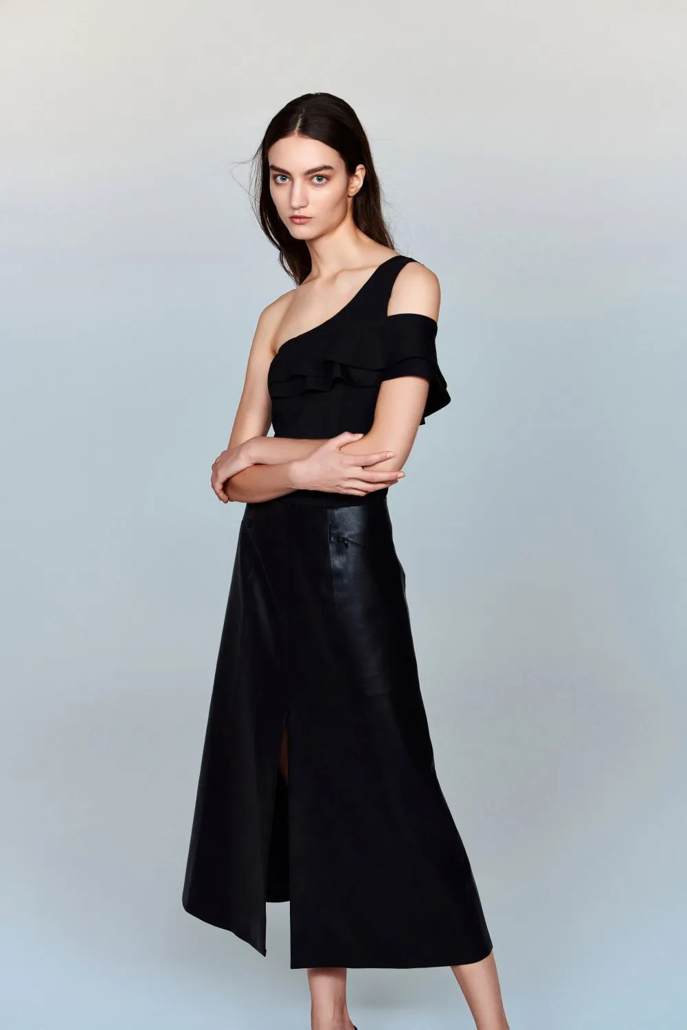 Adriana Convertible Stretch-Jersey One-Shoulder Top with Ruffle Detail & Removable Pads