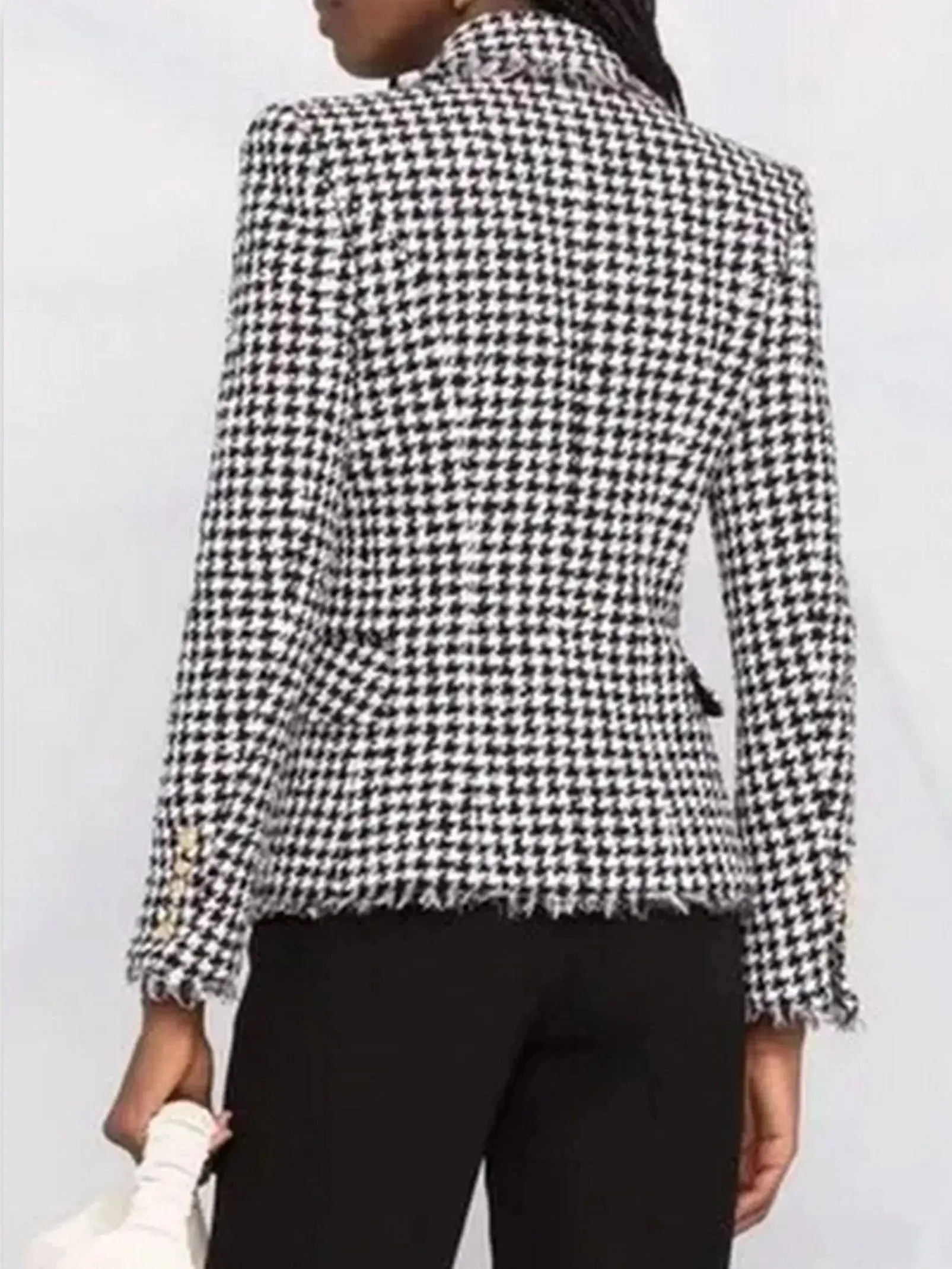 Black and White Houndstooth Double-Breasted Frayed Jacket