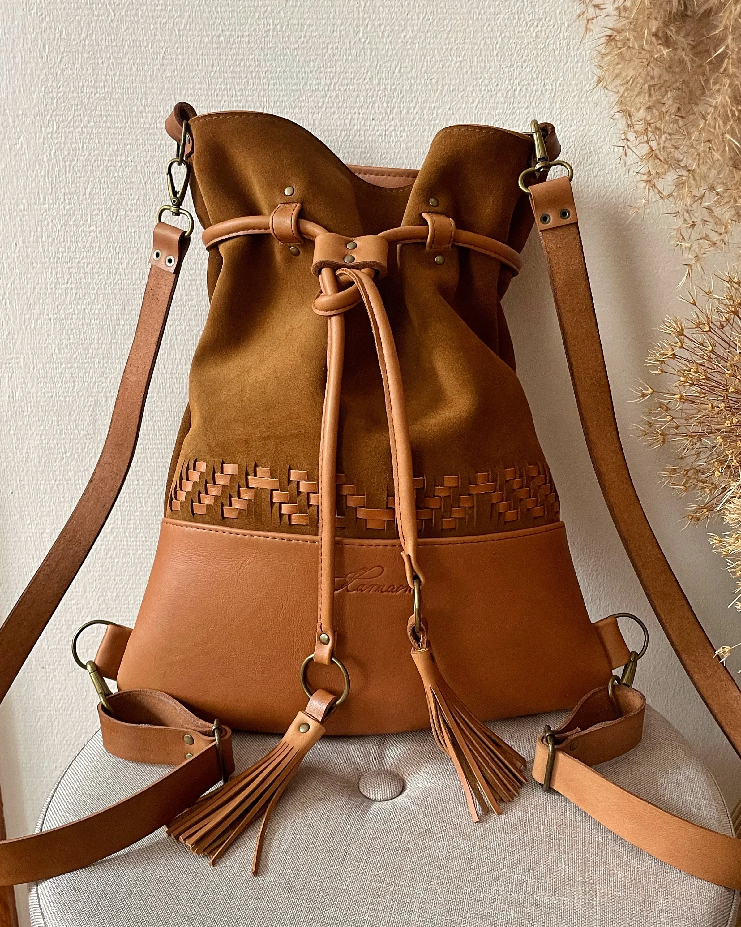 BROWN TRIANGLE WOVEN BACKPACK/TOTEBAG