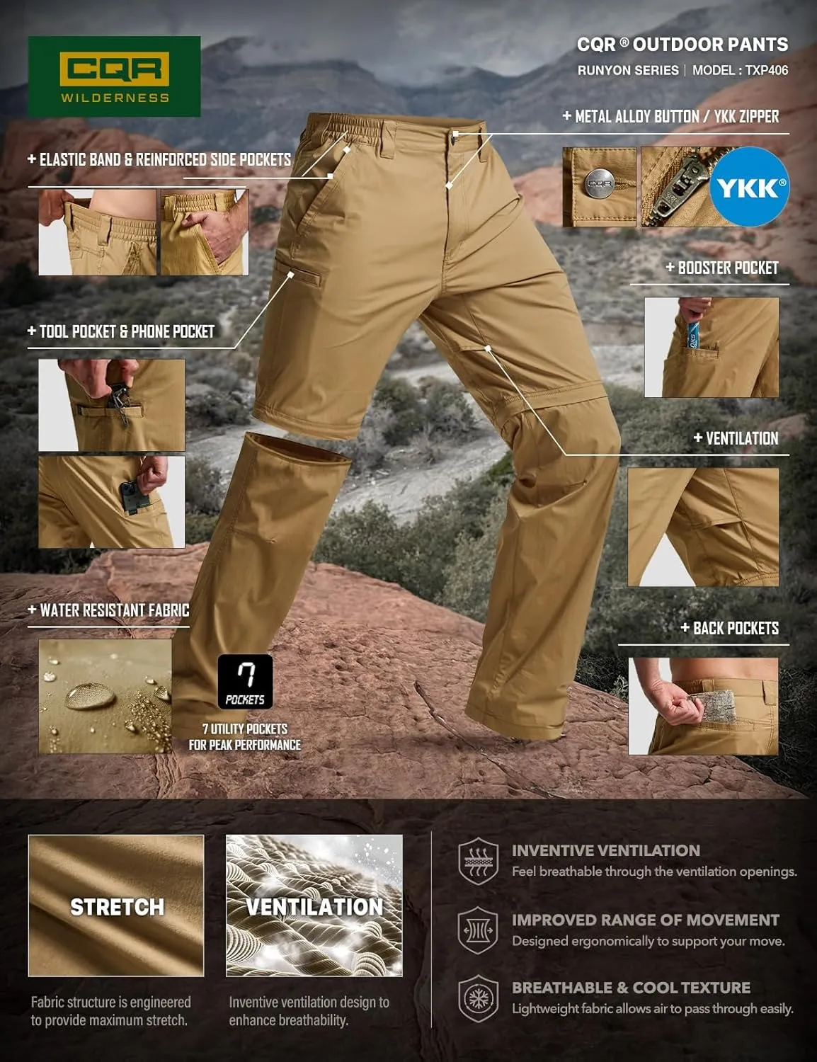 CQR Men's Convertible Cargo Tactical Pants, Water Resistant Outdoor Hiking Pants, Zip Off Lightweight Stretch Work Pants