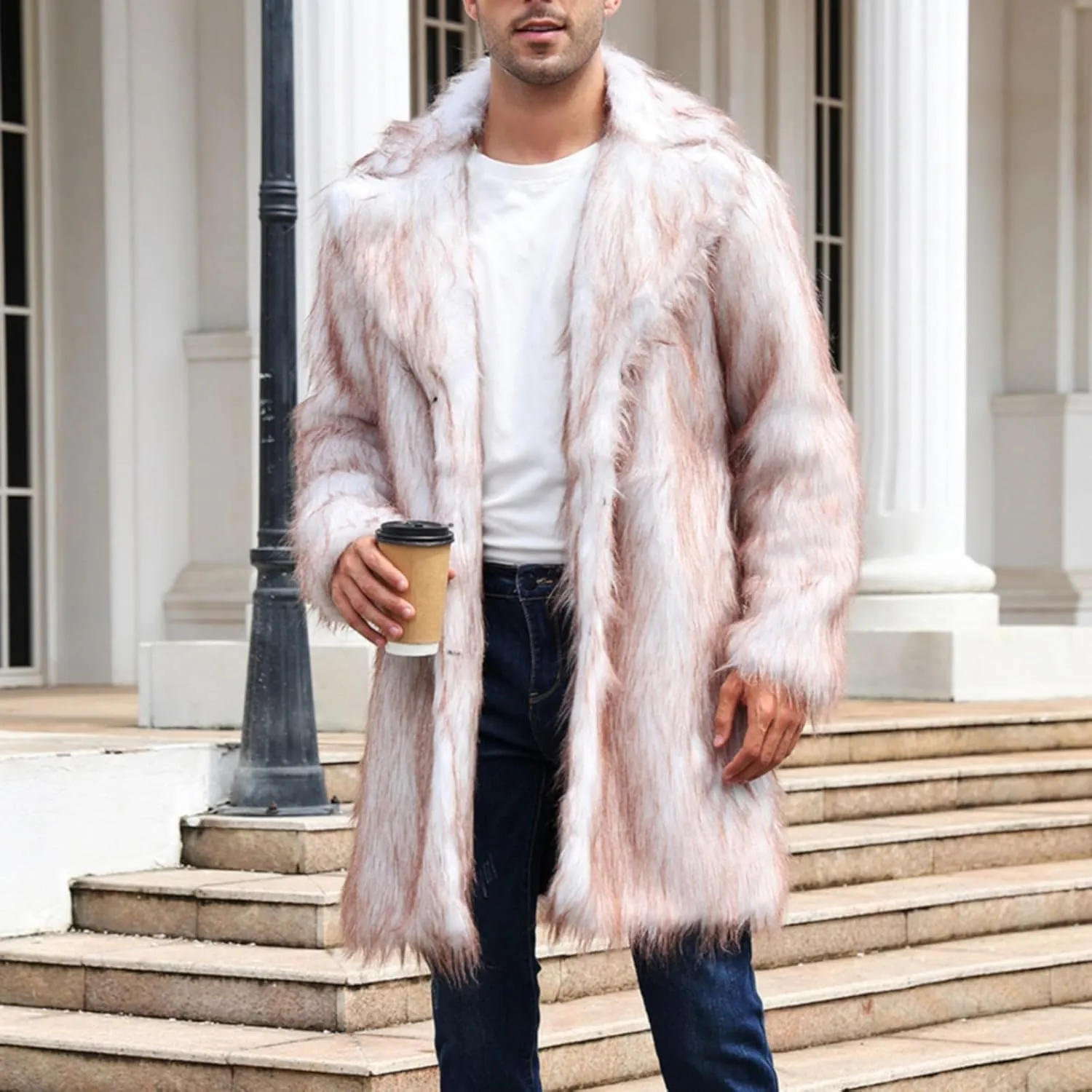 Faux Fur Coat for Men Fluffy Soft Winter Warm Cardigan Outwear Casual Long Sleeve Thicken Overcoat Jacket with Pocket