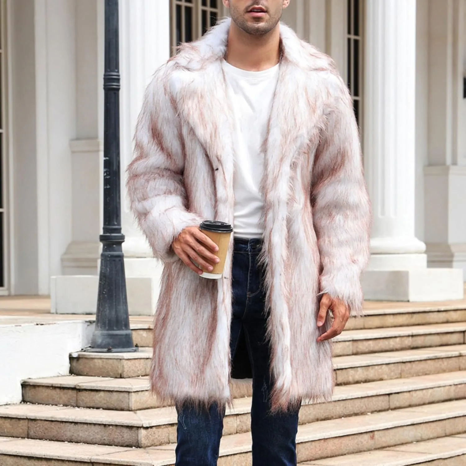 Faux Fur Coat for Men Fluffy Soft Winter Warm Cardigan Outwear Casual Long Sleeve Thicken Overcoat Jacket with Pocket