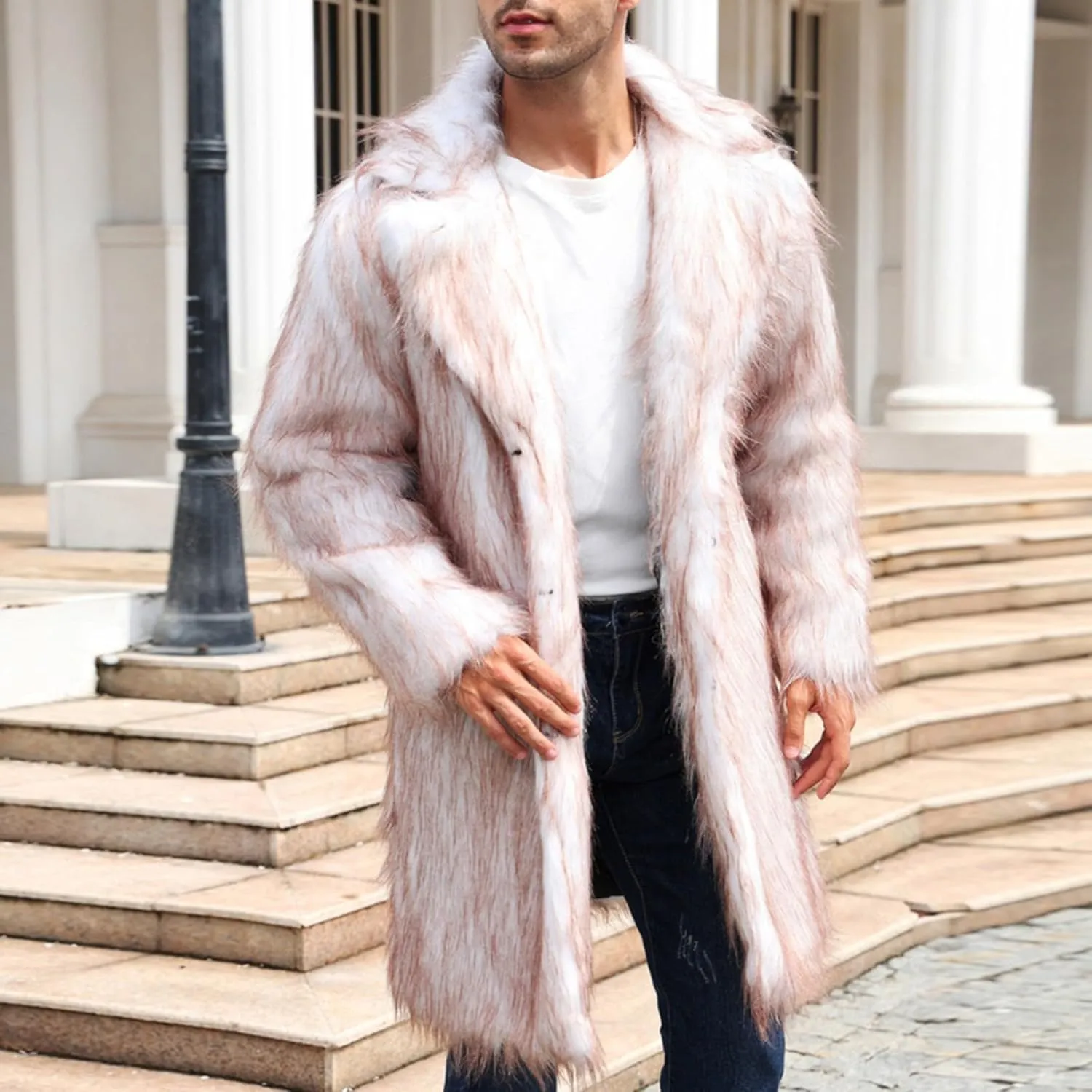 Faux Fur Coat for Men Fluffy Soft Winter Warm Cardigan Outwear Casual Long Sleeve Thicken Overcoat Jacket with Pocket