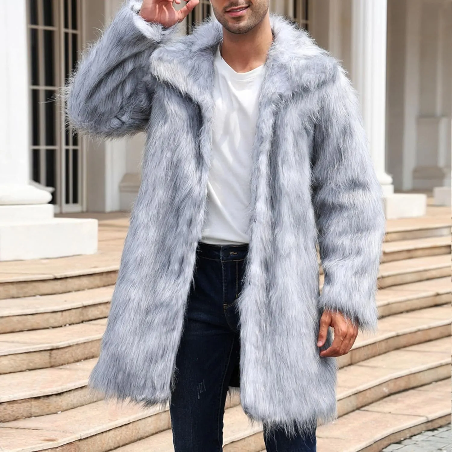 Faux Fur Coat for Men Fluffy Soft Winter Warm Cardigan Outwear Casual Long Sleeve Thicken Overcoat Jacket with Pocket