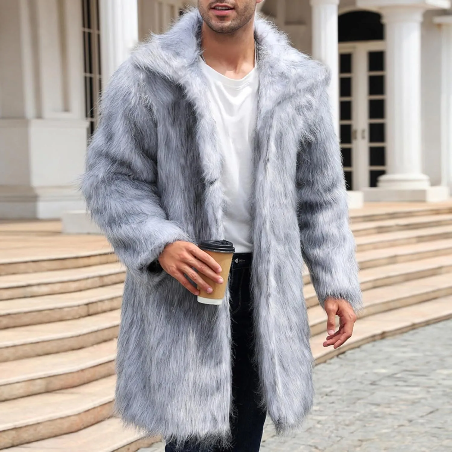 Faux Fur Coat for Men Fluffy Soft Winter Warm Cardigan Outwear Casual Long Sleeve Thicken Overcoat Jacket with Pocket