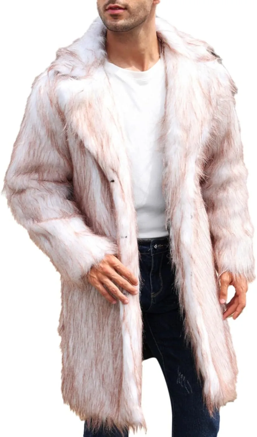 Faux Fur Coat for Men Fluffy Soft Winter Warm Cardigan Outwear Casual Long Sleeve Thicken Overcoat Jacket with Pocket