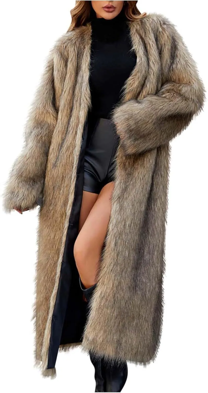 Faux Fur Coats for Women Long Open Front Cardigan Fuzzy Fleece Jacket Warm Winter Coats Fashion Outfits