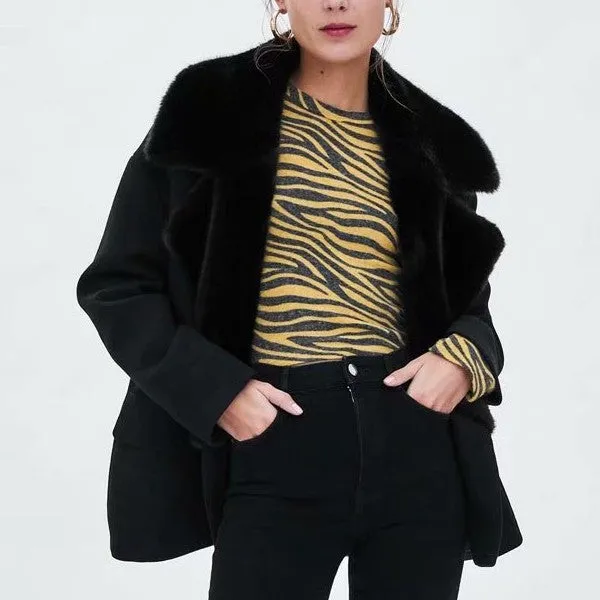 Faux Fur Patchwork Lapel Double-breasted Blazer Jacket