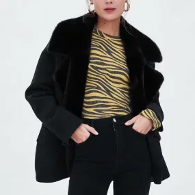Faux Fur Patchwork Lapel Double-breasted Blazer Jacket
