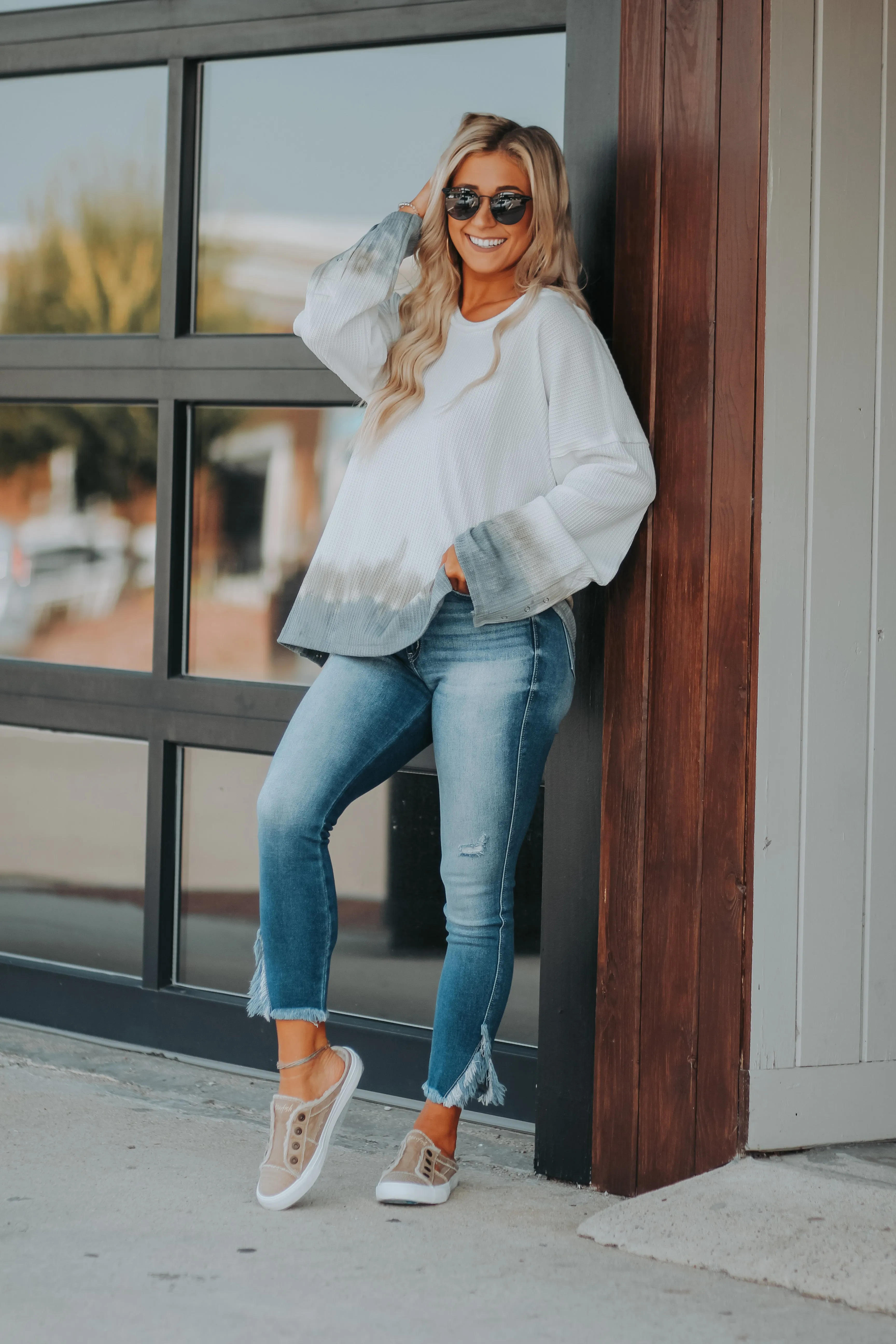 Ivory & Olive Dip Dye Thermal Knit Pullover Top