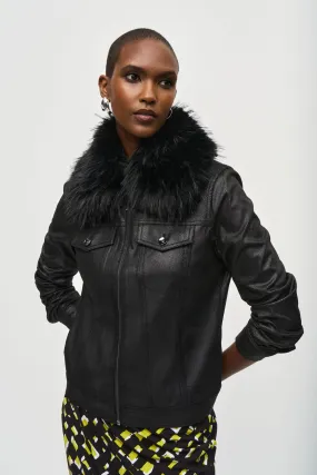 Joseph Ribkoff Black Faux Fur Collar Zip-Up Faux Suede Jacket 243907