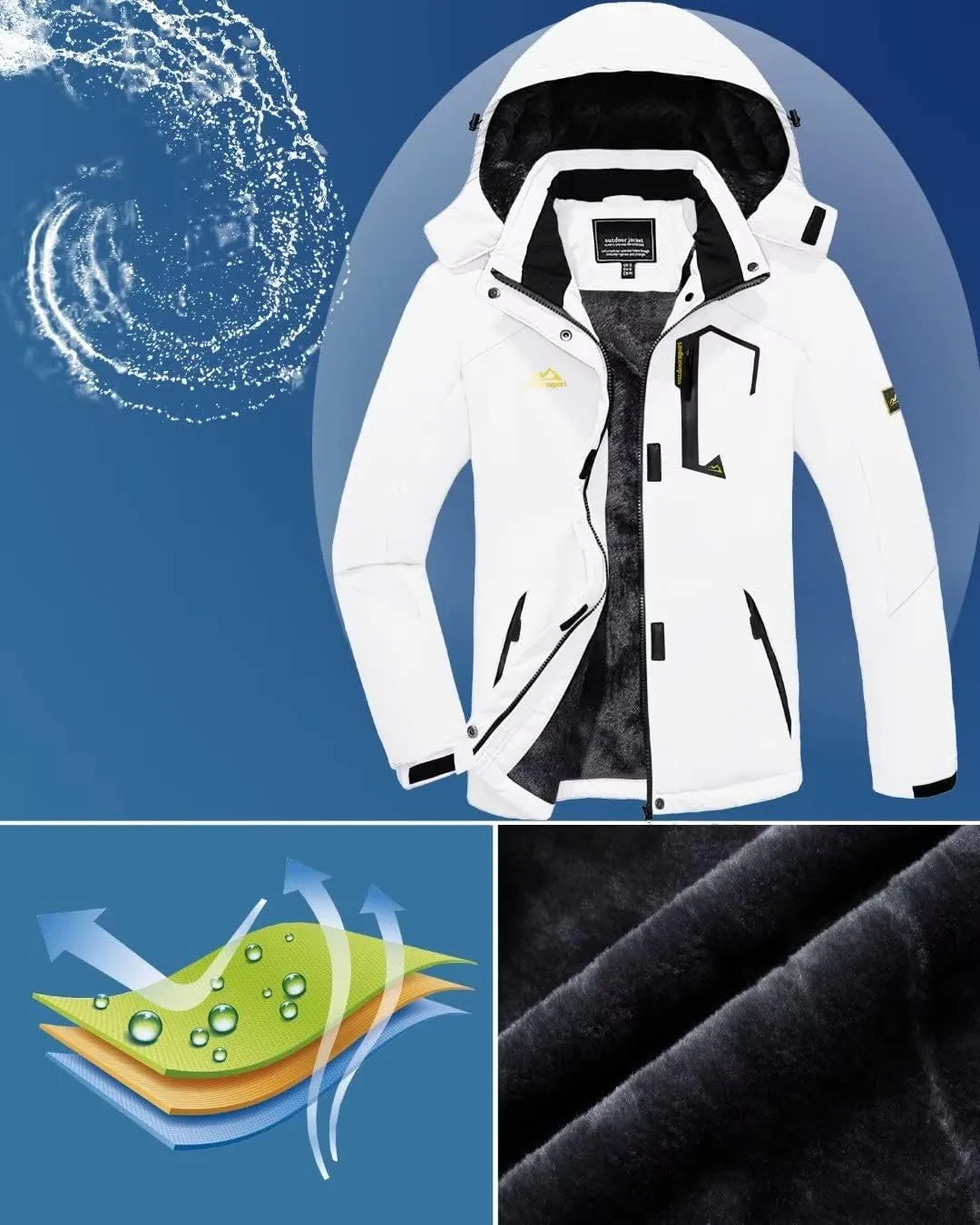 KEFITEVD Women's Waterproof Ski Snow Jacket Snowboarding Jackets Windproof Fleece Warm Heavy Hooded Coat Mountain Rain Jacket