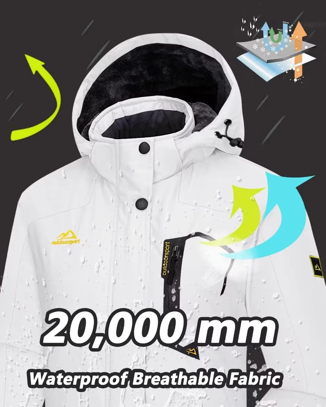 KEFITEVD Women's Waterproof Ski Snow Jacket Snowboarding Jackets Windproof Fleece Warm Heavy Hooded Coat Mountain Rain Jacket
