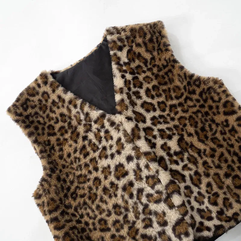 Leopard Print Faux Fur Sleeveless Jacket