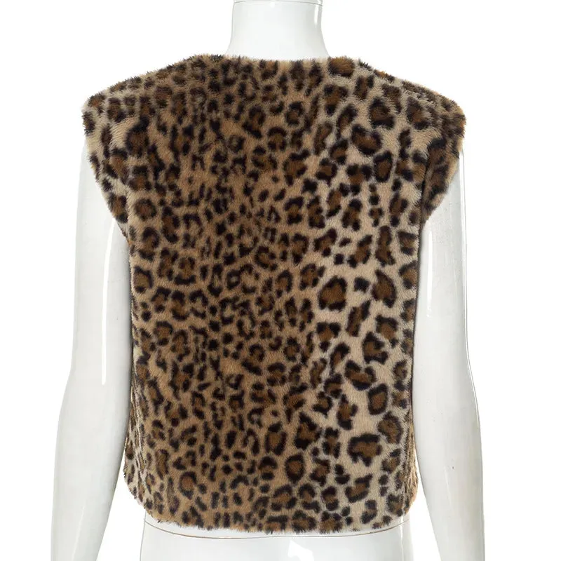 Leopard Print Faux Fur Sleeveless Jacket