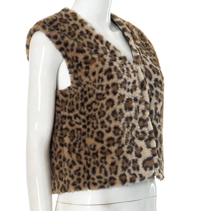 Leopard Print Faux Fur Sleeveless Jacket