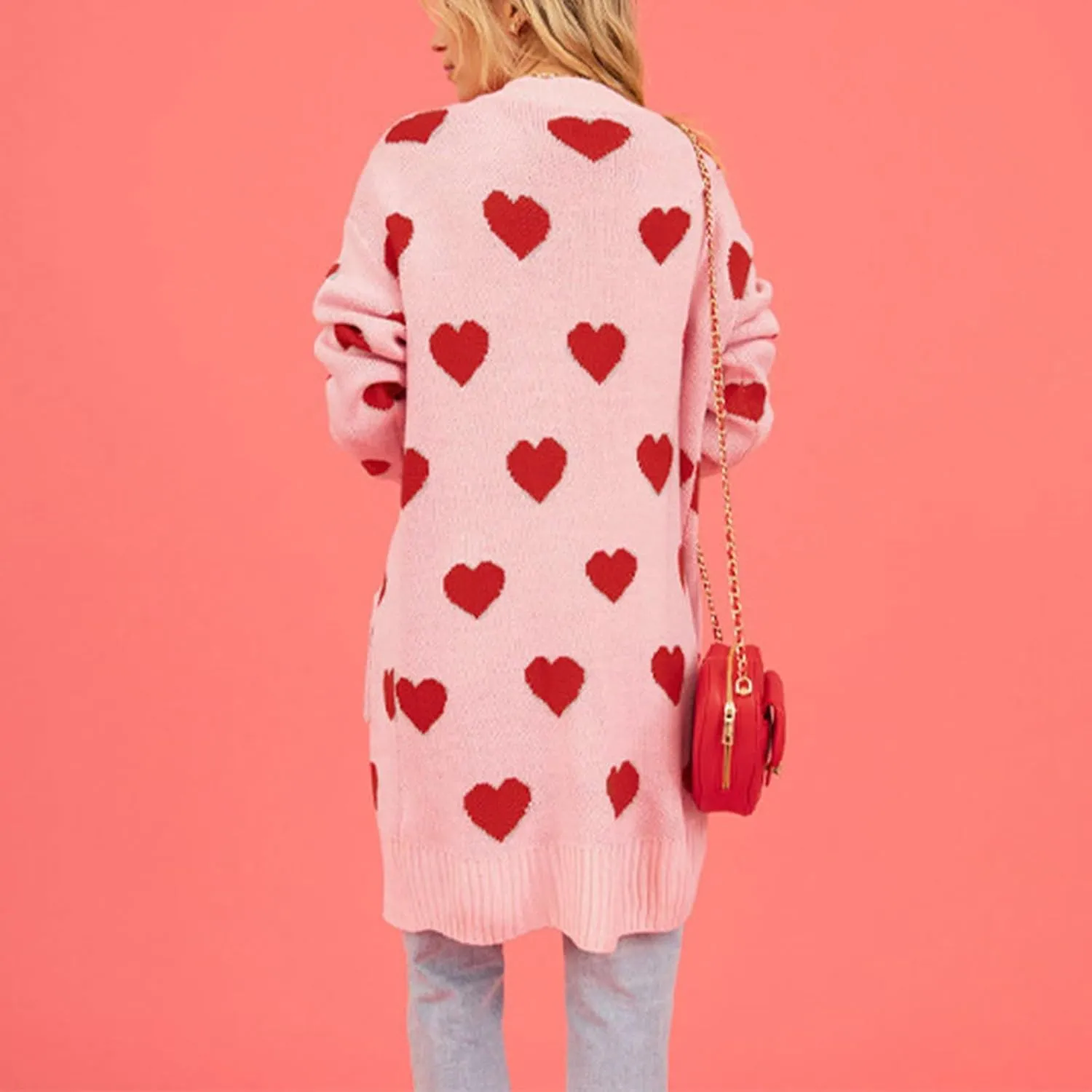 Long Oversized Cardigans Sweaters for Women Open Front Long Sleeve Knit Chunky Fall Heart Print Sweaters with Pockets