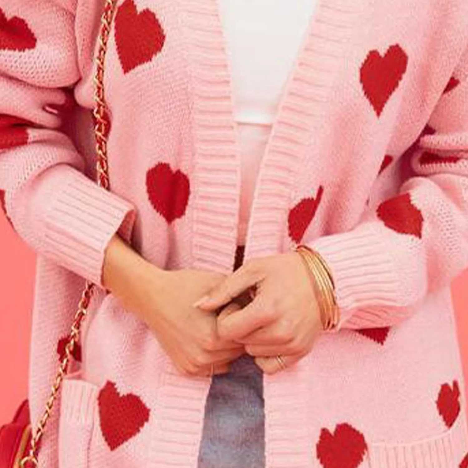 Long Oversized Cardigans Sweaters for Women Open Front Long Sleeve Knit Chunky Fall Heart Print Sweaters with Pockets