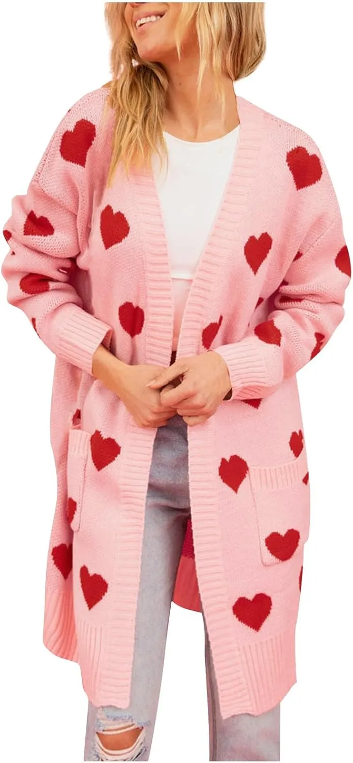 Long Oversized Cardigans Sweaters for Women Open Front Long Sleeve Knit Chunky Fall Heart Print Sweaters with Pockets