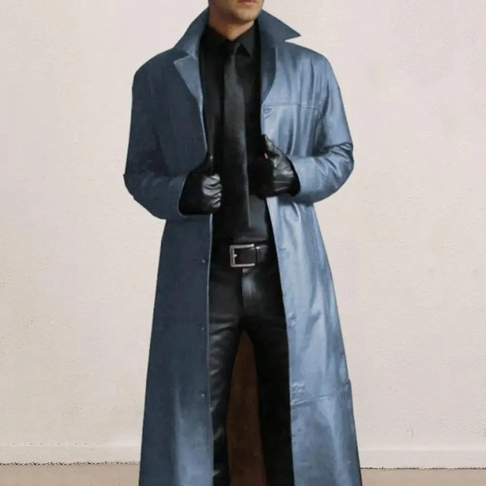 Men Faux Leather Jacket Stylish Trench Coat with Turn-down Collar Windproof Design Slim Fit