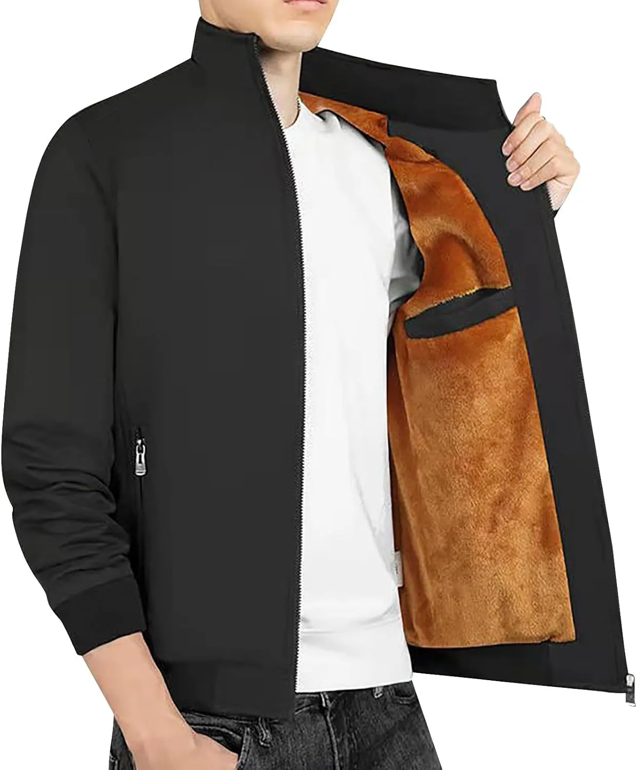 Men Fleece Sherpa Lined Jacket Thicken Warm Full Zip Winter Coat Long Sleeve Stand Collar Outwear with Lined Pockets