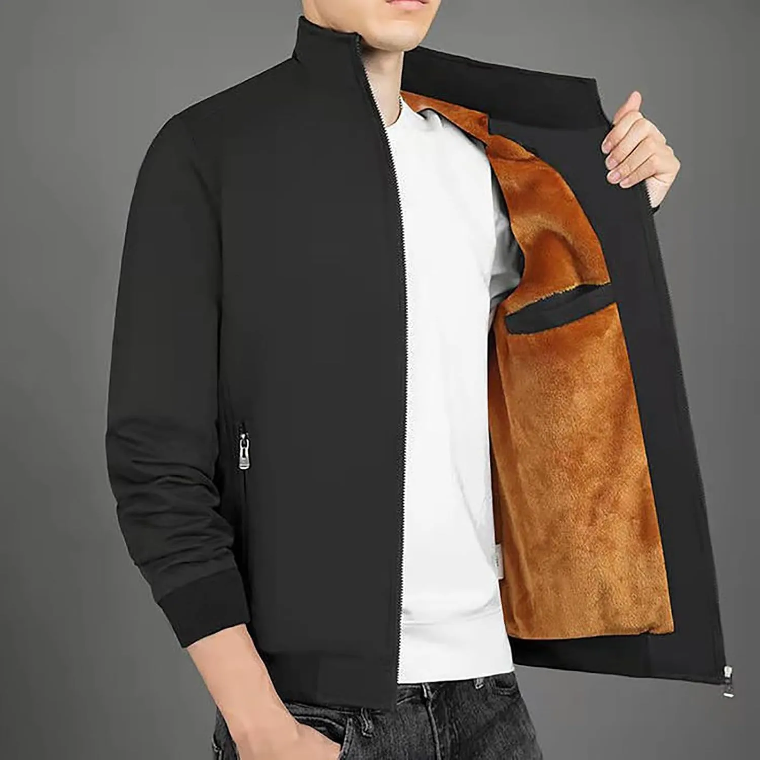 Men Fleece Sherpa Lined Jacket Thicken Warm Full Zip Winter Coat Long Sleeve Stand Collar Outwear with Lined Pockets