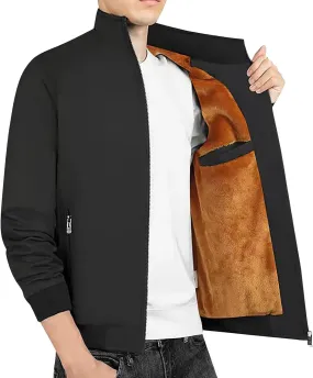 Men Fleece Sherpa Lined Jacket Thicken Warm Full Zip Winter Coat Long Sleeve Stand Collar Outwear with Lined Pockets