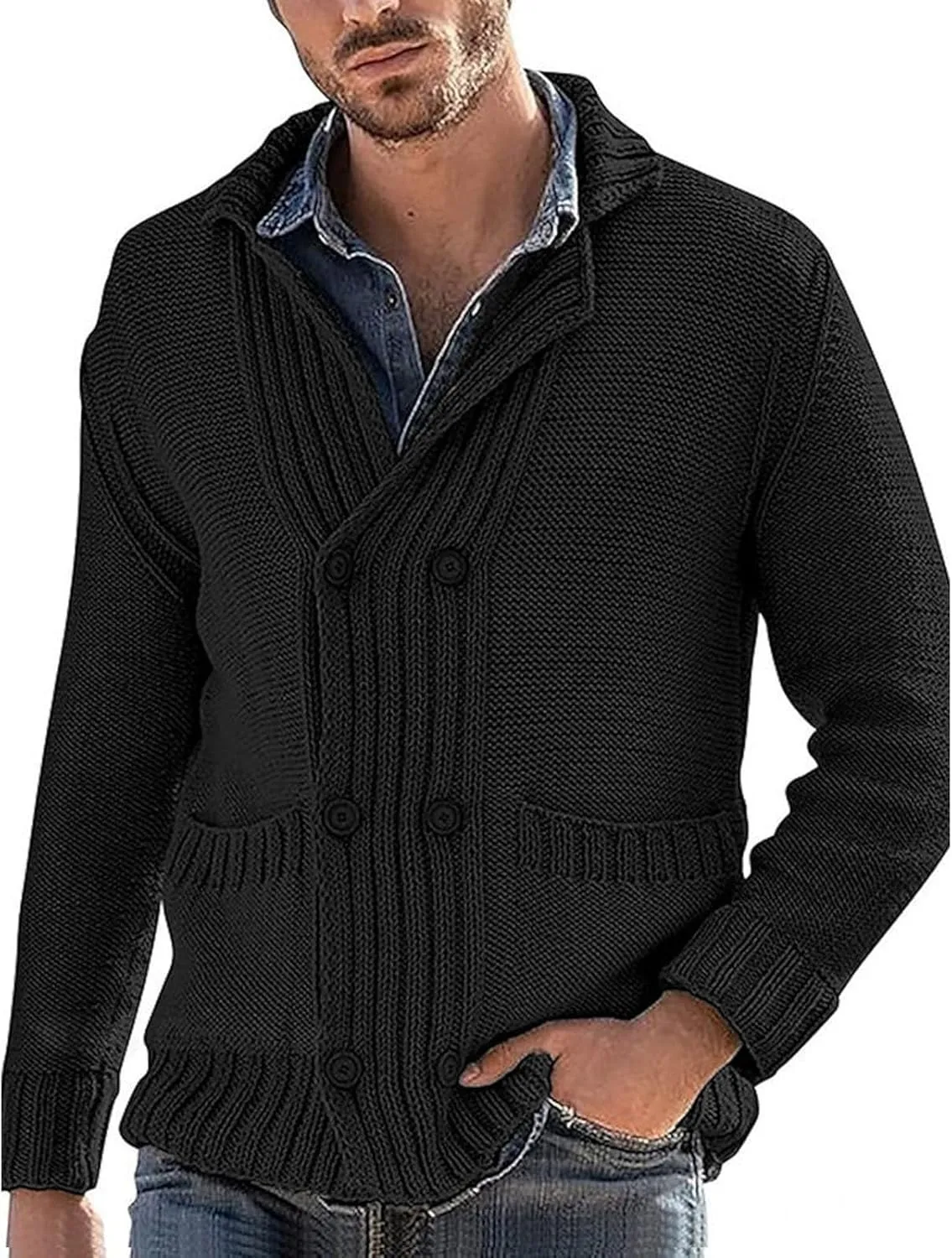 SUWBMHWE Men's Shawl Collar Cardigan Sweater Cable Knit Button Down Cardigans Casual Winter Chunky Sweaters with Pockets