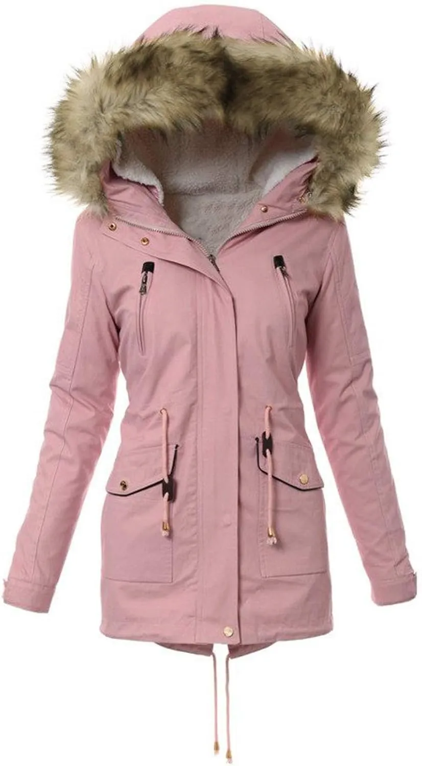 Winter Coats for Women Long Sleeve Puffer Jackets Plus Size Parka Coat with Plush Hooded Mid Length Sherpa Outerwear
