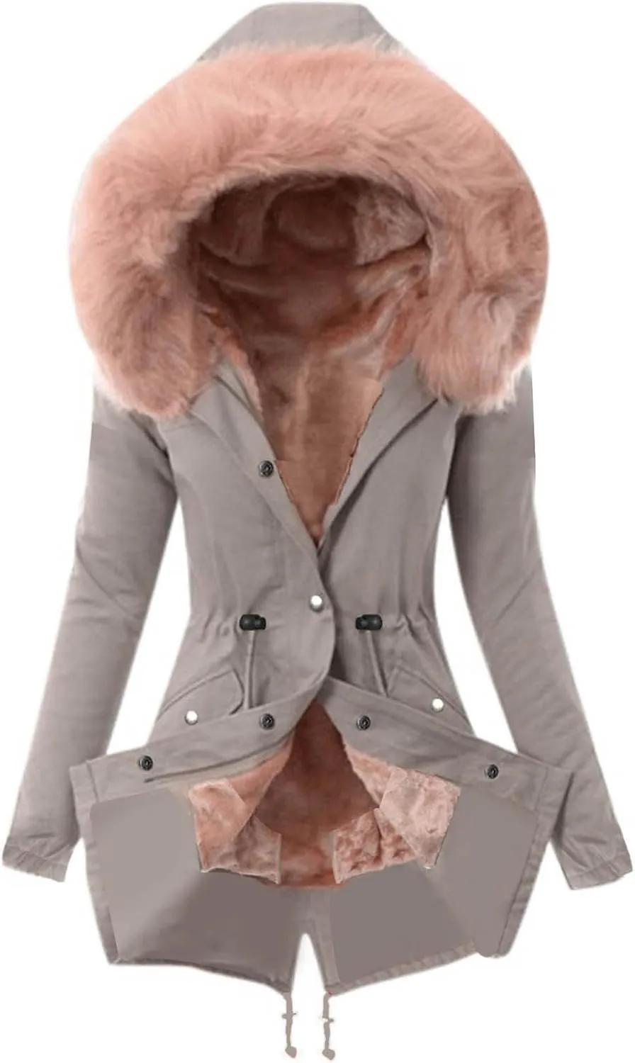 Wkishenl Women's Winter Sherpa Lined Coats Long Sleeve Zip Up Jackets Solid Color Mid Long Parka Coat with Faux Fur Hooded