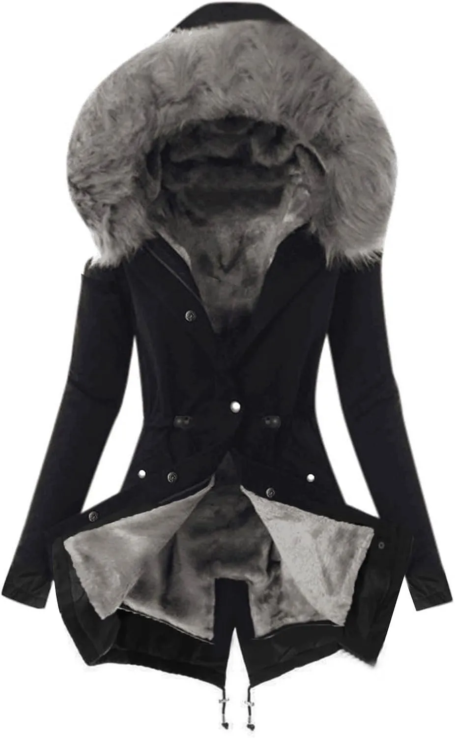 Wkishenl Women's Winter Sherpa Lined Coats Long Sleeve Zip Up Jackets Solid Color Mid Long Parka Coat with Faux Fur Hooded