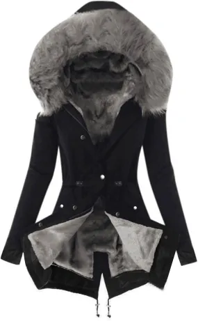 Wkishenl Women's Winter Sherpa Lined Coats Long Sleeve Zip Up Jackets Solid Color Mid Long Parka Coat with Faux Fur Hooded