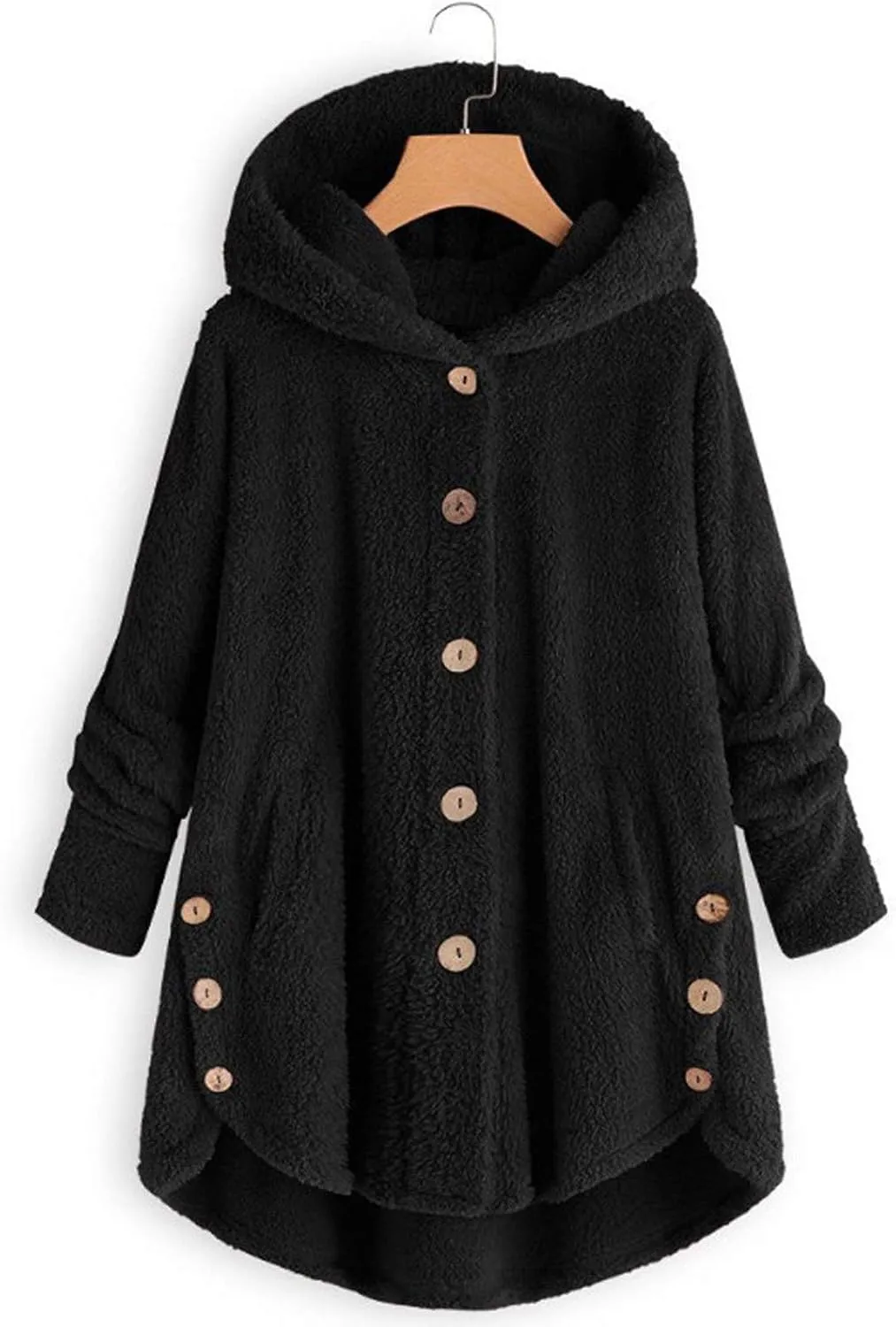 Women Hooded Fuzzy Jacket Oversized Fleece Sherpa Jacket Thicken Warm Jacket Botton Overcoat with Fur Hood S-5XL