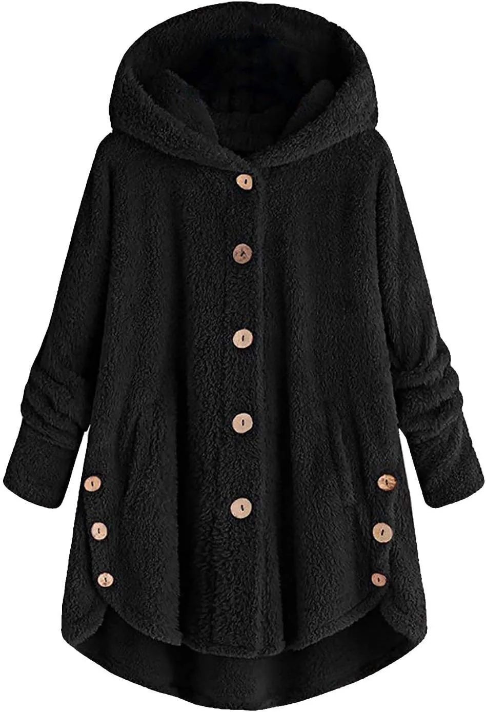 Women Hooded Fuzzy Jacket Oversized Fleece Sherpa Jacket Thicken Warm Jacket Botton Overcoat with Fur Hood S-5XL