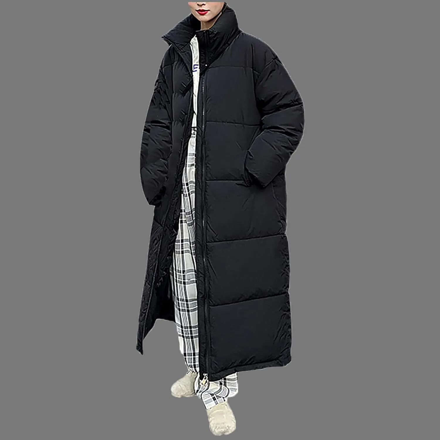 Women Long Winter Coat Warm Thickened Stand-Collar Hoodless Down Jacket Ankle-Length Puffer Coat Outwear with Pockets