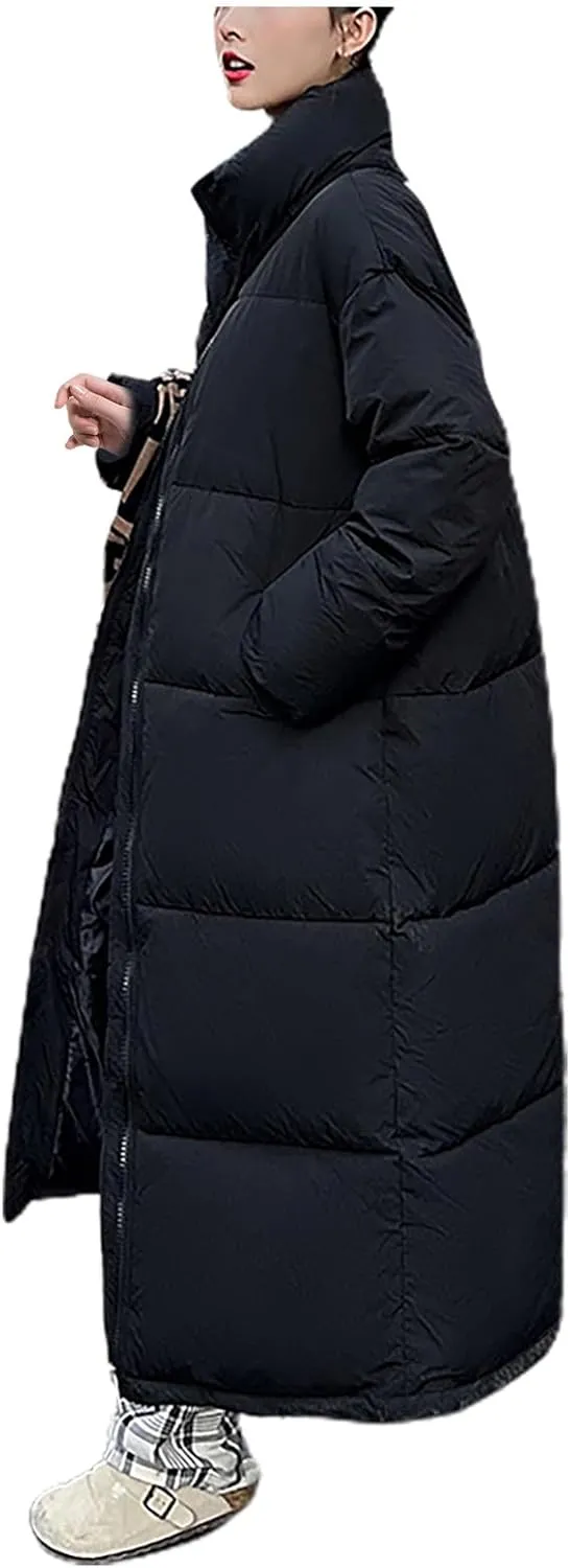 Women Long Winter Coat Warm Thickened Stand-Collar Hoodless Down Jacket Ankle-Length Puffer Coat Outwear with Pockets