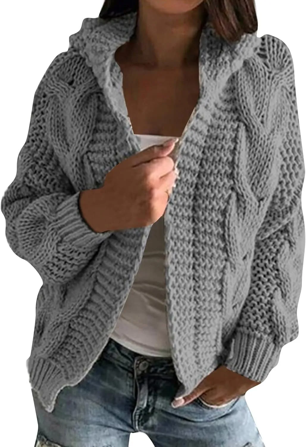 Women's 2024 Fashion Casual Open Front Long Sleeve Hooded Jacket Chunky Knit Cardigans Sweaters Outerwear Coats