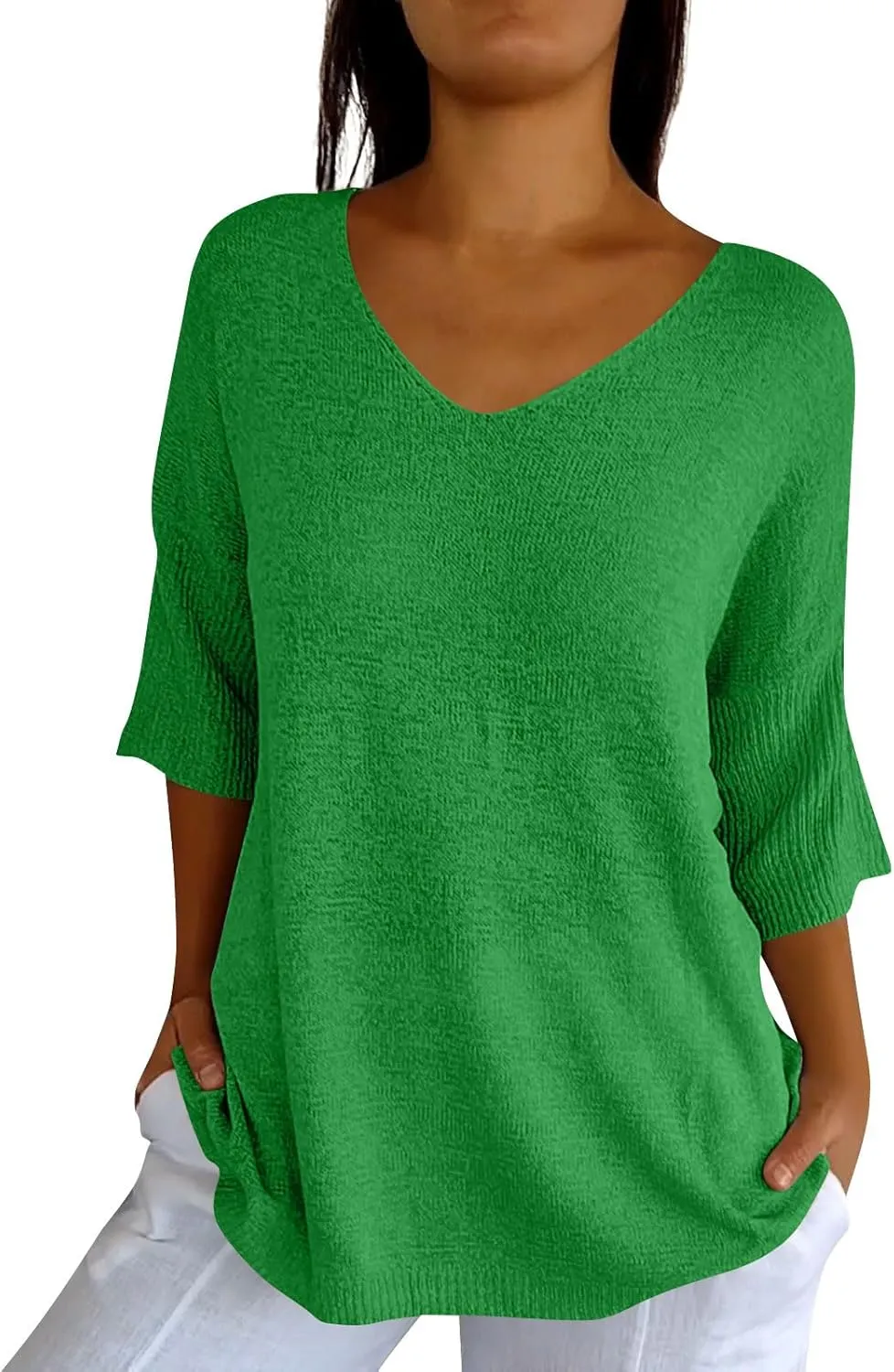 Women's Fall 3/4 Sleeve Sweaters 2024 Casual Crewneck Ribbed Knit Flower Striped Loose Pullover Tops Plus Size