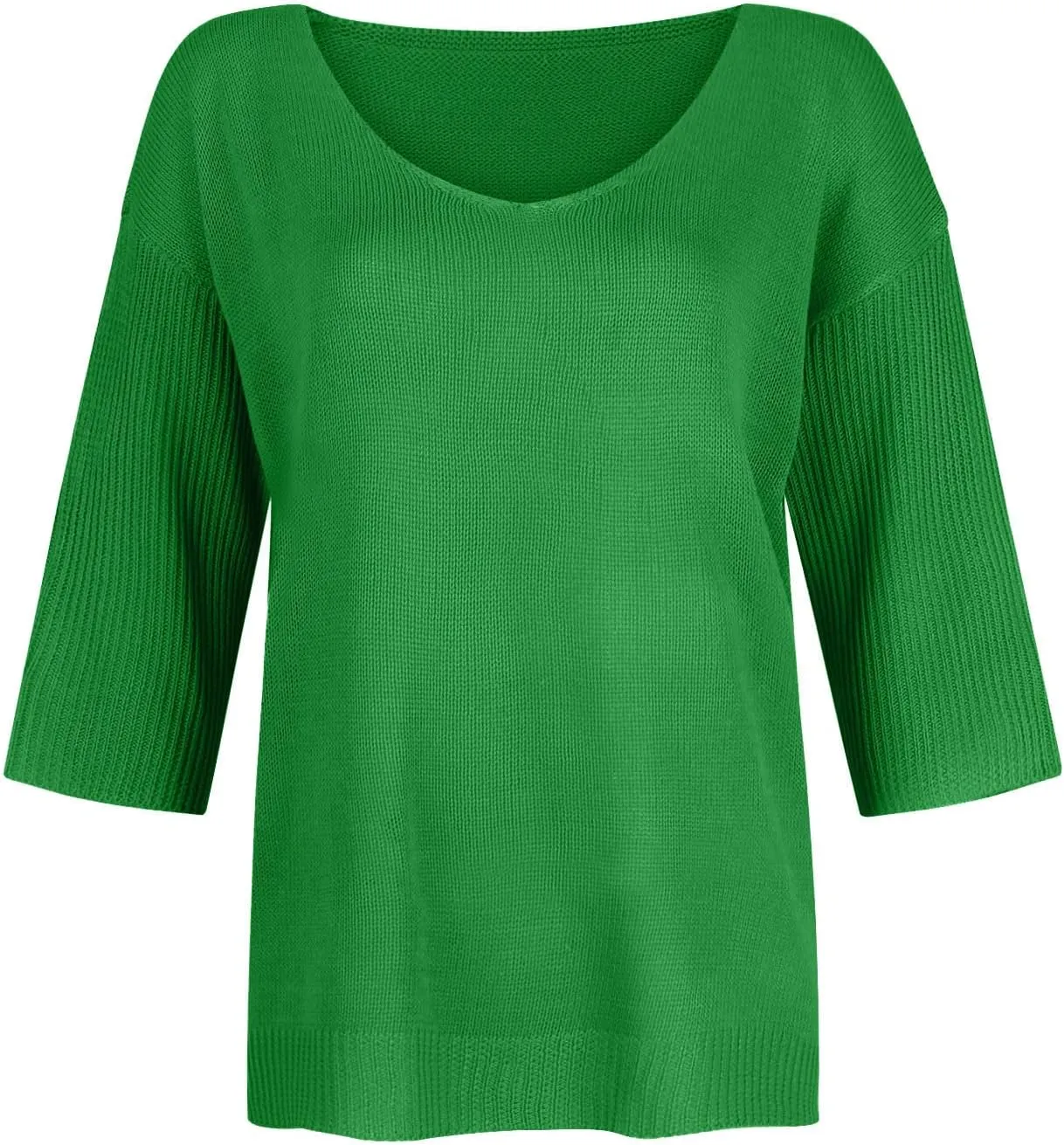 Women's Fall 3/4 Sleeve Sweaters 2024 Casual Crewneck Ribbed Knit Flower Striped Loose Pullover Tops Plus Size