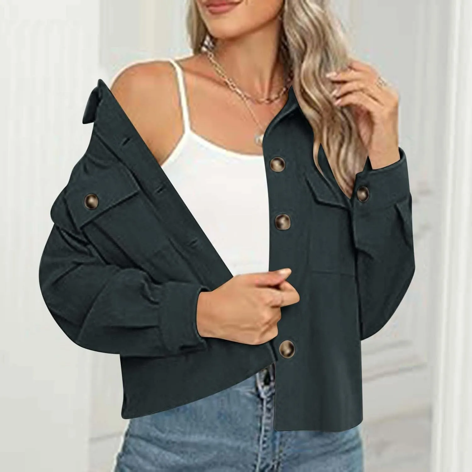 Womens Fashion Cropped Shackets Corduroy Button Down Crop Jackets Tops Long Sleeve Lapel Shirts Trendy Tops Jacket
