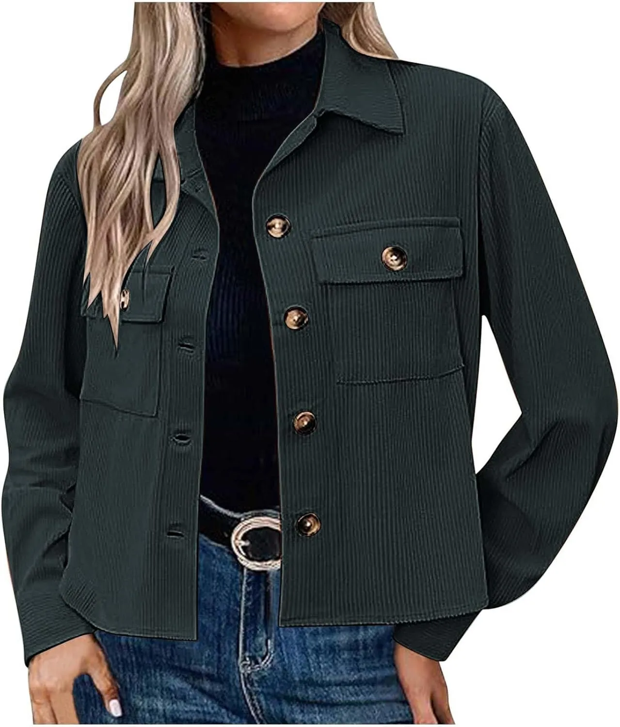 Womens Fashion Cropped Shackets Corduroy Button Down Crop Jackets Tops Long Sleeve Lapel Shirts Trendy Tops Jacket