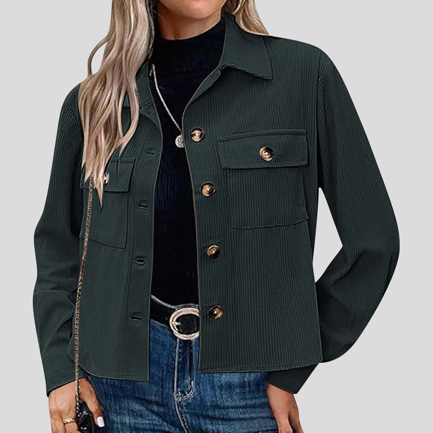Womens Fashion Cropped Shackets Corduroy Button Down Crop Jackets Tops Long Sleeve Lapel Shirts Trendy Tops Jacket
