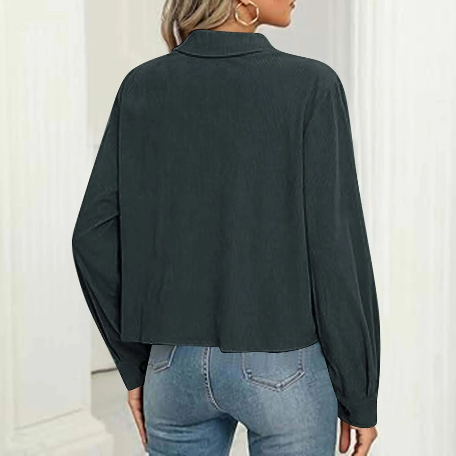 Womens Fashion Cropped Shackets Corduroy Button Down Crop Jackets Tops Long Sleeve Lapel Shirts Trendy Tops Jacket