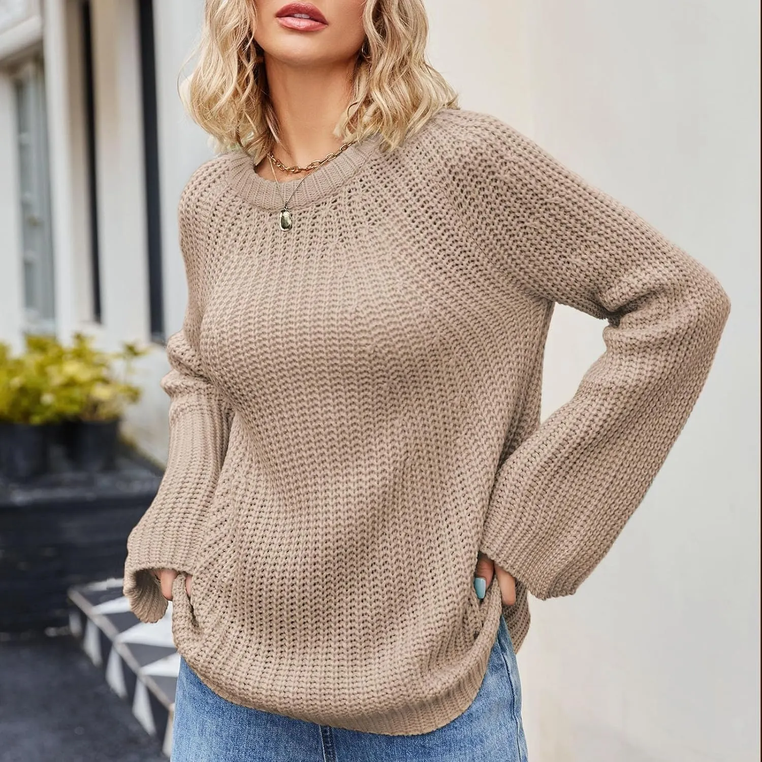 Womens Floral Print V Neck Knit Sweater Long Sleeve Fashion Tops Fall Pullover Crewneck Chunky Cable Knit Blouse Top